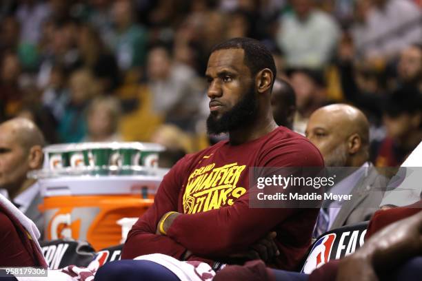 LeBron James of the Cleveland Cavaliers reacts from the bench in his teams loss to the Boston Celtics during the fourth quarter in Game One of the...
