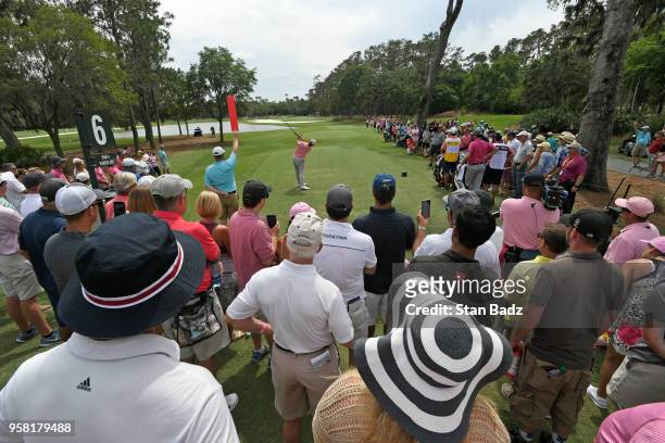 Danny Lee tees off at the sixth tee during the final round of THE PLAYERS Championship on THE PLAYERS Stadium Course at TPC Sawgrass on May 13 in...