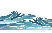 Sea waves in oriental vintage ukiyo-e style, realistic vector illustration.