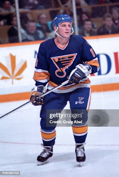 Brett Hull of the St. Louis Blues skates against the Toronto Maple Leafs during NHL game action on March 9, 1989 at Maple Leaf Gardens in Toronto,...