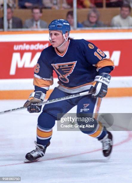 Brett Hull of the St. Louis Blues skates against the Toronto Maple Leafs during NHL game action on March 9, 1989 at Maple Leaf Gardens in Toronto,...