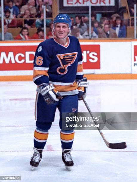 Brett Hull of the St. Louis Blues skates against the Toronto Maple Leafs during NHL game action on March 9, 1989 at Maple Leaf Gardens in Toronto,...