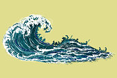 Sea wave, realistic vector illustration isolated on yellow background.