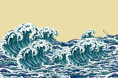 Sea waves. Hand drawn illustration in vintage ukiyo-e style.