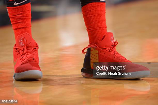 The sneakers worn by Anthony Davis of the New Orleans Pelicans are seen against the Golden State Warriors in Game Three of the Western Conference...