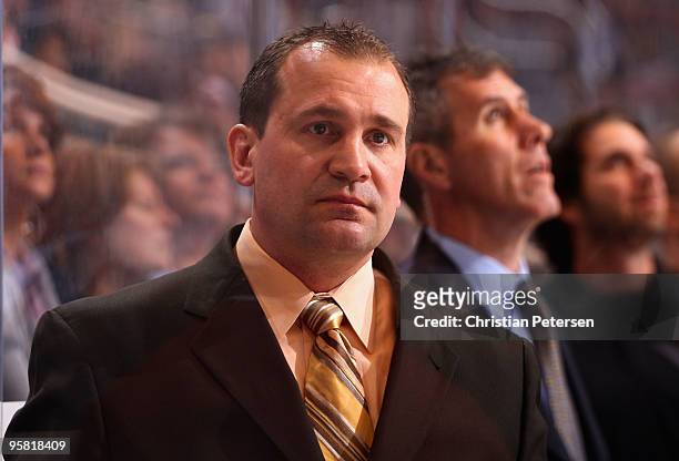 Head coach Todd Richards of the Minnesota Wild watches from the bench during the NHL game against the Phoenix Coyotes at Jobing.com Arena on January...