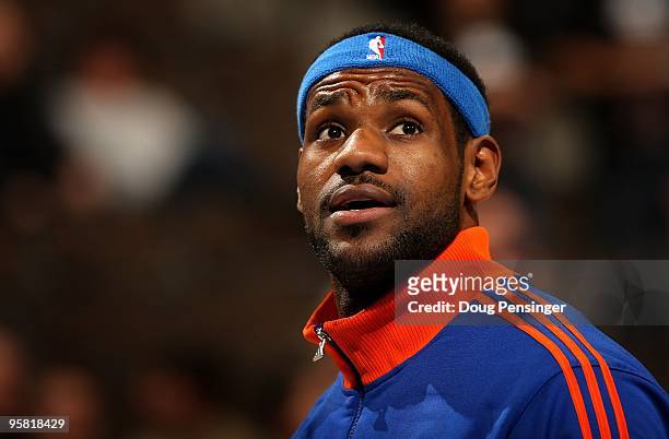 LeBron James of the Cleveland Cavaliers looks on during warm up prior to facing the Denver Nuggets during NBA action at Pepsi Center on January 8,...