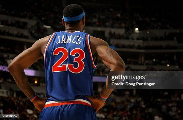 LeBron James of the Cleveland Cavaliers looks on during a break in the action against the Denver Nuggets during NBA action at Pepsi Center on January...