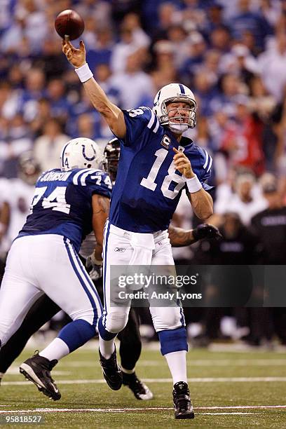 Quarterback Peyton Manning of the Indianapolis Colts thows the ball in the second quarter against the Baltimore Ravens during the AFC Divisional...