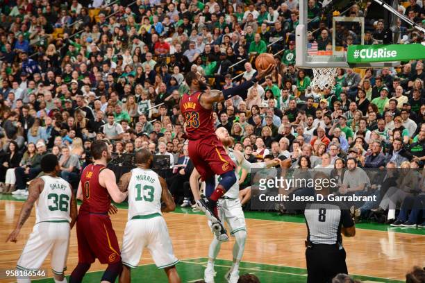 LeBron James of the Cleveland Cavaliers goes to the basket against the Boston Celtics during Game One of the Eastern Conference Finals of the 2018...