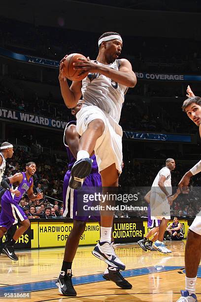Dominic McGuire of the Washington Wizards rebounds against the Sacramento Kings at the Verizon Center on January 16, 2010 in Washington, DC. NOTE TO...