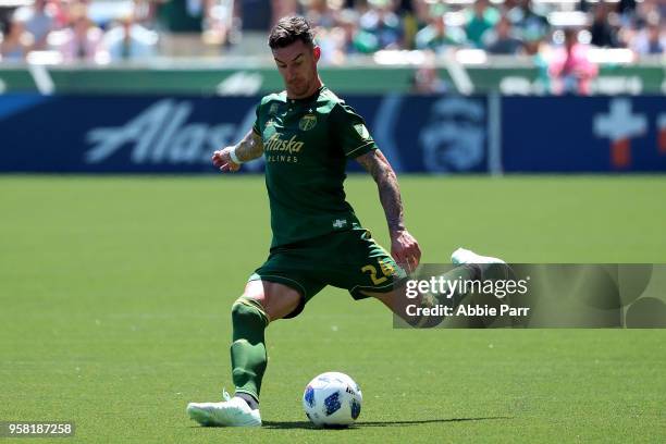 Liam Ridgewell the of Portland Timbers kicks the ball in the first half against the Seattle Sounders during their game at Providence Park on May 13,...