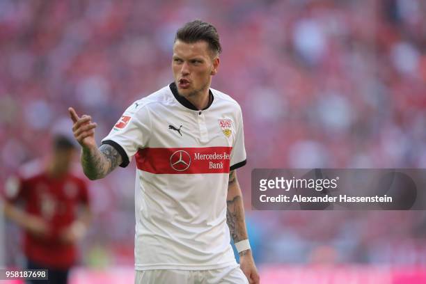 Daniel Ginczek of Stuttgart reacts during the Bundesliga match between FC Bayern Muenchen and VfB Stuttgart at Allianz Arena on May 12, 2018 in...