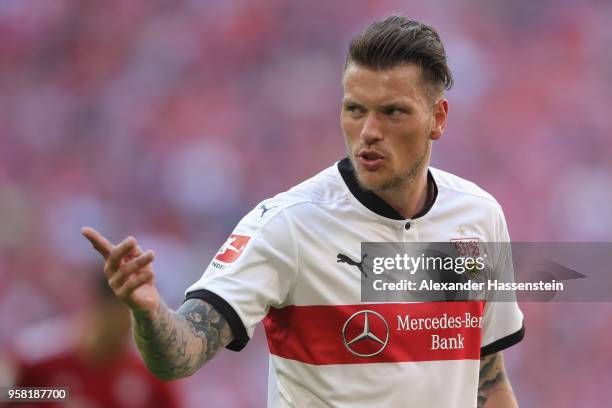 Daniel Ginczek of Stuttgart reacts during the Bundesliga match between FC Bayern Muenchen and VfB Stuttgart at Allianz Arena on May 12, 2018 in...