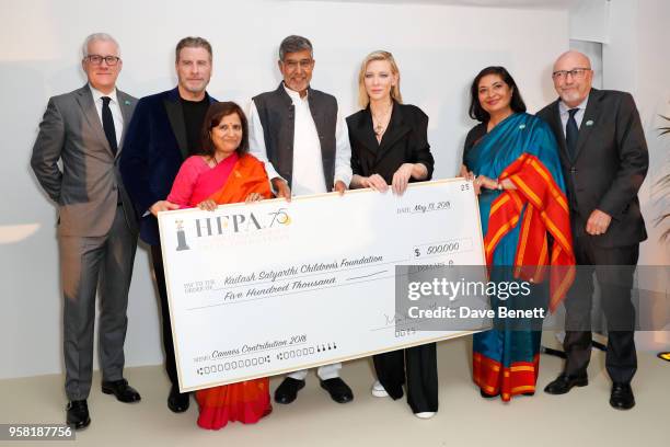 David Linde; John Travolta; Sumedha Kailash; Kailash Satyarthi; Cate Blanchett; Meher Tatna and Lorenzo Soria attend the HFPA Event with Particpant...