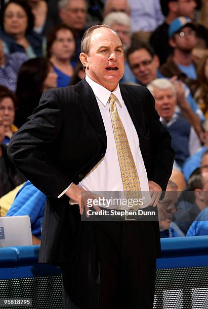 Head coach Ben Howland ofthe UCLA Bruins shoiuts instructions against the USC Trojans on January 16, 2010 at Pauley Pavillion in Westwood,...