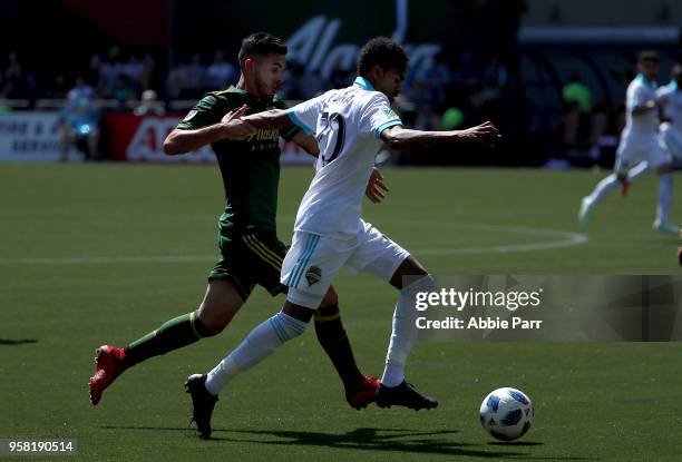 Handwalla Bwana of the Seattle Sounders dribbles against Liam Ridgewell the of Portland Timbers in the seocond half during their game at Providence...