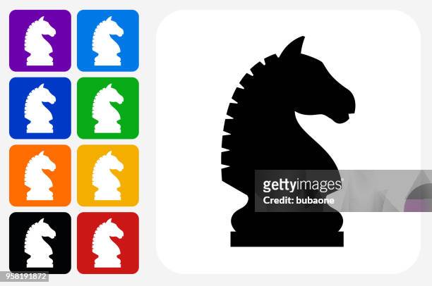 chess knight icon square button set - knight chess piece stock illustrations
