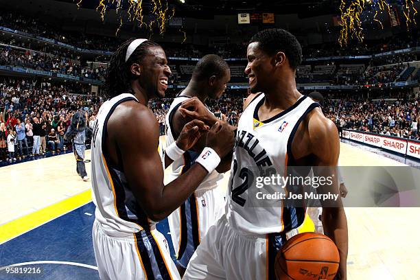 DeMarre Carroll and Rudy Gay of the Memphis Grizzlies celebrate their win against the San Antonio Spurs on January 16, 2010 at FedExForum in Memphis,...