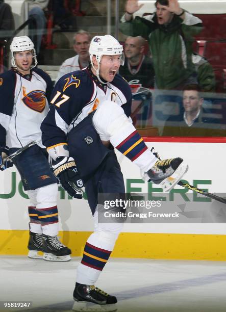 Ilya Kovalchuk of the Atlanta Thrashers celebrates his third period goal during an NHL game against the Carolina Hurricanes on January 16, 2010 at...