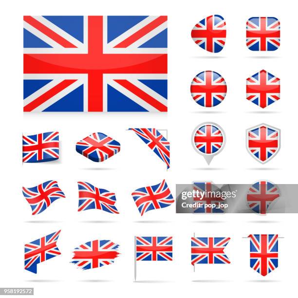 united kingdom - flag icon glossy vector set - grunge union jack stock illustrations