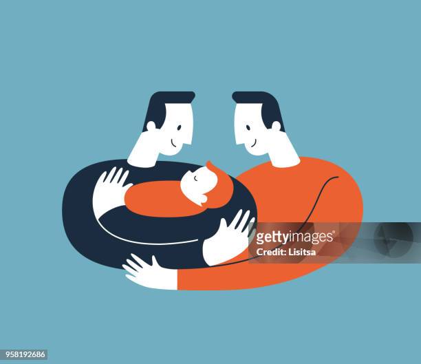 Two men hugging and cuddling baby boy or girl and nursing him. Gay parents embracing newborn adopted baby and expressing love and care. Lesbian and Gay Parents concept. Modern illustration. Vector.