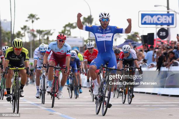 Fernando Gaviria of Colombia and Team Quick-Step Floors celebrates alongside Caleb Ewan of Australia and Team Mitchelton-Scott , Alexander Kristoff...