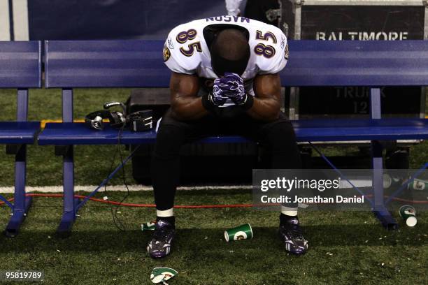 Derrick Mason of the Baltimore Ravens sits on the bench after losing to the Indianapolis Colts 20-3 in the AFC Divisional Playoff Game at Lucas Oli...