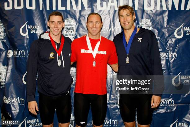 Will Copeland, Jason Lezak and Matt Grevers pose following the Men's 100 Free Final during the Long Beach Grand Prix on January 16, 2010 in Long...