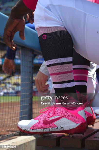 Nike baseball cleats worn by Yasiel Puig of the Los Angeles Dodgers in the game against the Cincinnati Reds at Dodger Stadium on May 13, 2018 in Los...