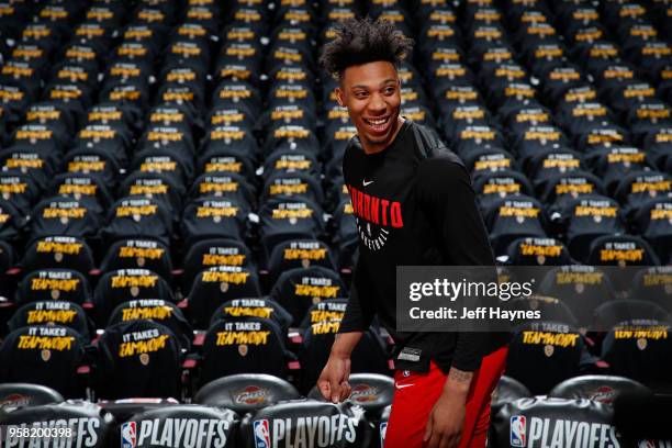 Malachi Richardson of the Toronto Raptors warms up prior to Game Three of the Eastern Conference Semi Finals of the 2018 NBA Playoffs against the...