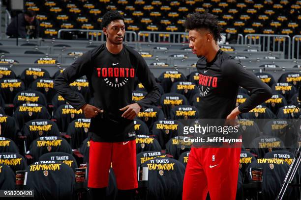 Malcolm Miller and Malachi Richardson of the Toronto Raptors looks on prior to Game Three of the Eastern Conference Semi Finals of the 2018 NBA...