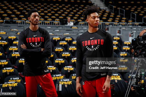 Malcolm Miller and Malachi Richardson of the Toronto Raptors looks on prior to Game Three of the Eastern Conference Semi Finals of the 2018 NBA...