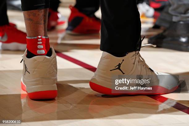 The sneakers worn by Lucas Nogueira of the Toronto Raptors are seen During Game Three of the Eastern Conference Semi Finals of the 2018 NBA Playoffs...