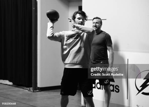 Mikhail Sergachev and Steven Stamkos of the Tampa Bay Lightning get ready for the game against the Washington Capitals during Game Two of the Eastern...