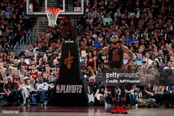LeBron James of the Cleveland Cavaliers looks on against the Toronto Raptors During Game Three of the Eastern Conference Semi Finals of the 2018 NBA...