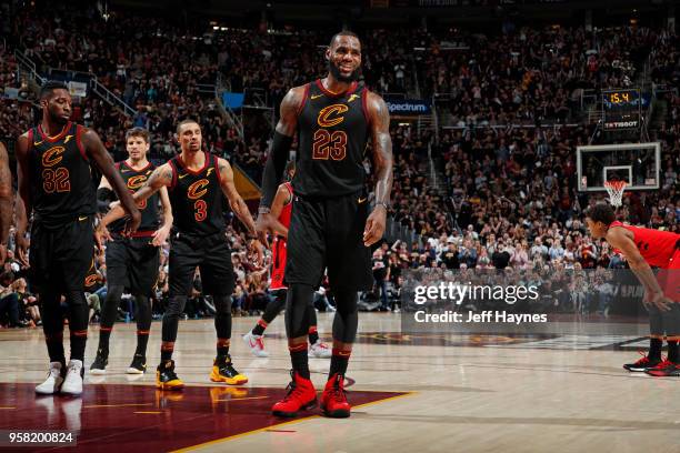 LeBron James of the Cleveland Cavaliers looks on against the Toronto Raptors During Game Three of the Eastern Conference Semi Finals of the 2018 NBA...