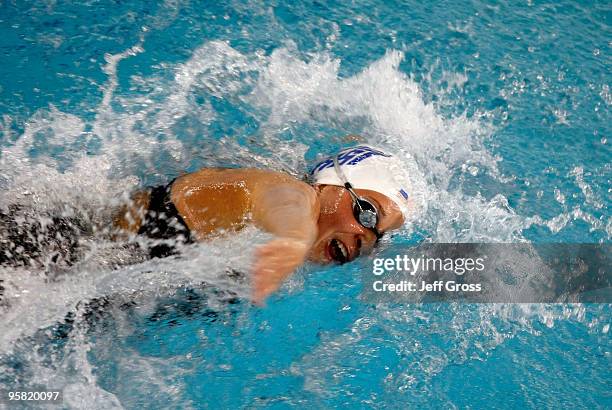 Katie Hoff swims in the Women's 100 Free Final during the Long Beach Grand Prix on January 16, 2010 in Long Beach, California.