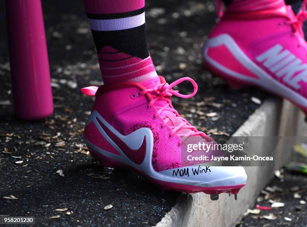 Nike baseball cleats worn by Jesse Winkler of the Cincinnati Reds during the game on Mother's Day against the Los Angeles Dodgers at Dodger Stadium...