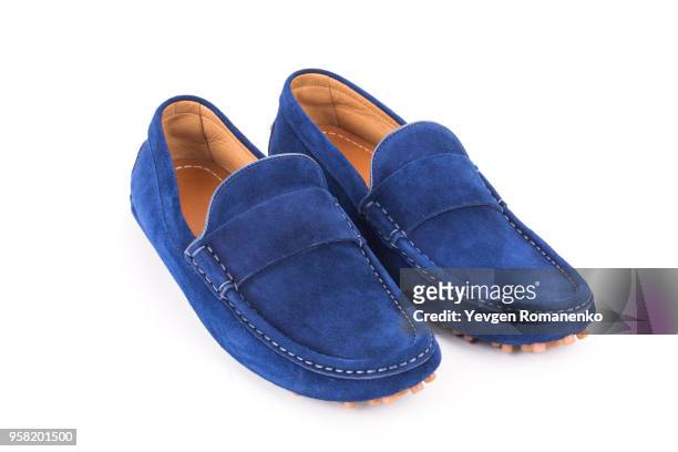 blue mens suede leather loafers pair isolated on white background - suede shoe stock pictures, royalty-free photos & images