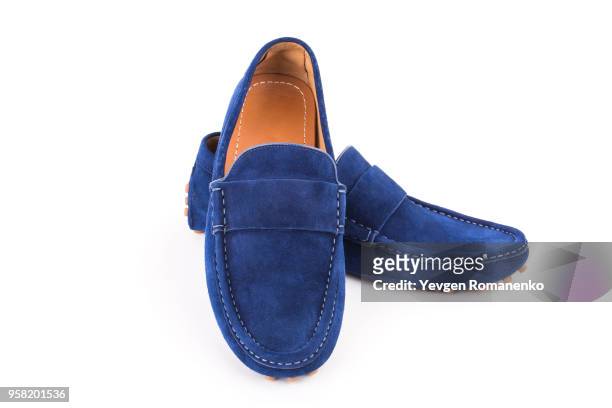 blue male suede leather loafers pair isolated on white background - suede shoe stock pictures, royalty-free photos & images