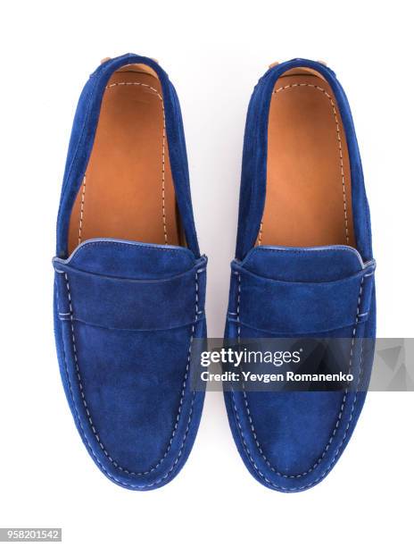 blue male suede leather loafers pair isolated on white background - daim photos et images de collection