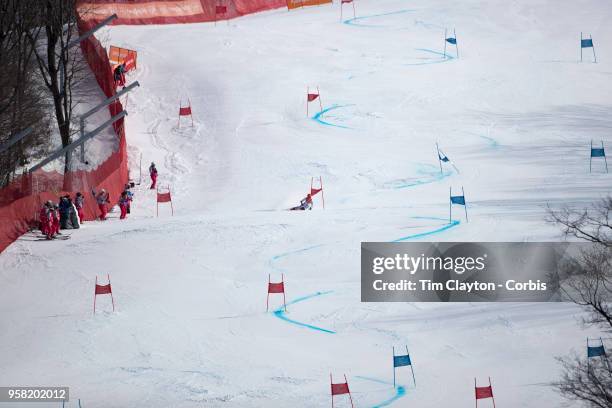 Mikaela Shiffrin of the United States on her second run while winning the gold medal in the Alpine Skiing - Ladies' Giant Slalom competition at...