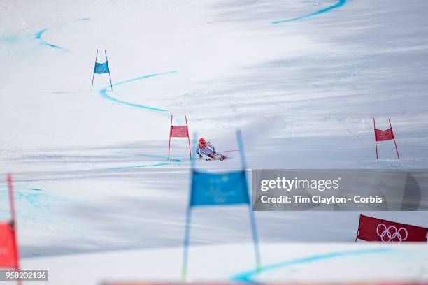 Mikaela Shiffrin of the United States on her second run while winning the gold medal in the Alpine Skiing - Ladies' Giant Slalom competition at...