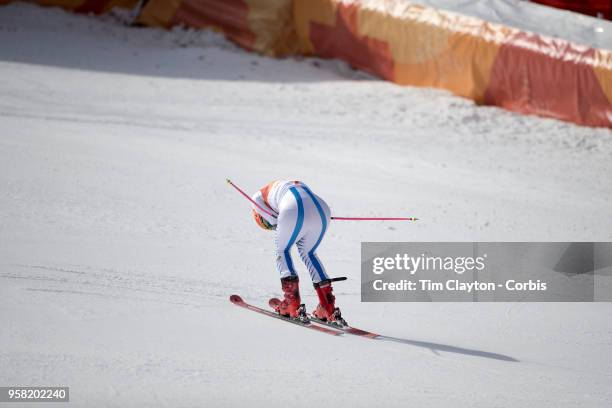 Mikaela Shiffrin of the United States celebrates her second run while winning the gold medal in the Alpine Skiing - Ladies' Giant Slalom competition...