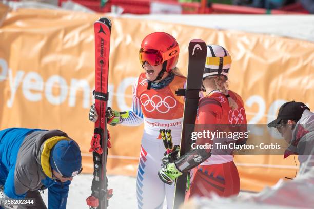 Mikaela Shiffrin of the United States celebrates after winning the gold medal in the Alpine Skiing - Ladies' Giant Slalom competition at Yongpyong...