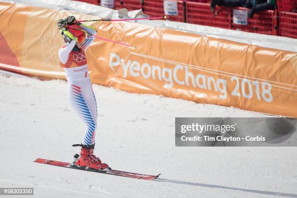 Mikaela Shiffrin of the United States celebrates her second run while winning the gold medal in the Alpine Skiing - Ladies' Giant Slalom competition...