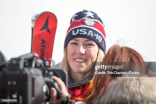 Mikaela Shiffrin of the United States after winning the gold medal in the Alpine Skiing - Ladies' Giant Slalom competition at Yongpyong Alpine Centre...