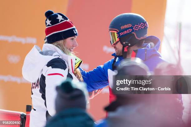 Mikaela Shiffrin of the United States is congratulated by boyfriend and French World Cup skier Mathieu Faivre after winning the gold medal in the...