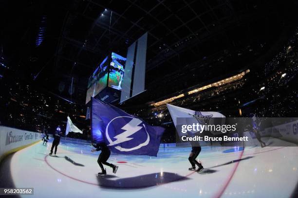 Kids skate on ice during pregame festivities prior to Game Two of the Eastern Conference Finals between the Washington Capitals and the Tampa Bay...